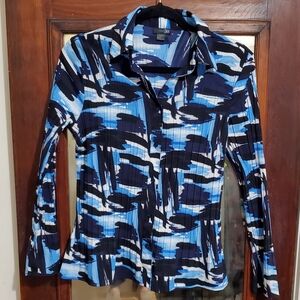 East 5th Petite Large Button-down Blue and Black Abstract Print Blouse